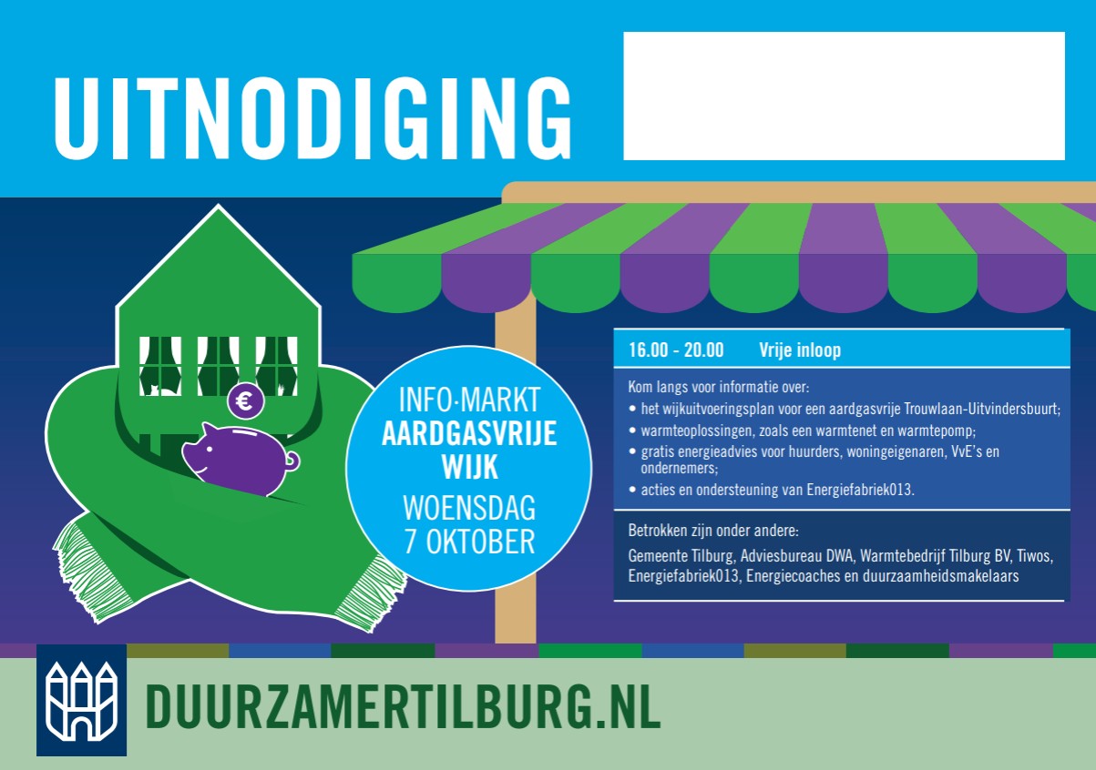Voorkant flyer informatiemarkt Trouwlaan-Uitvindersbuurt aardgasvrij
