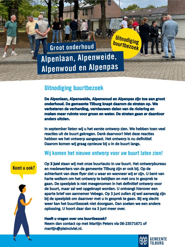 Voorkant flyer uitnodiging buurtbezoek Alpenlaan, Alpenweide, Alpenwoud en Alpenpas