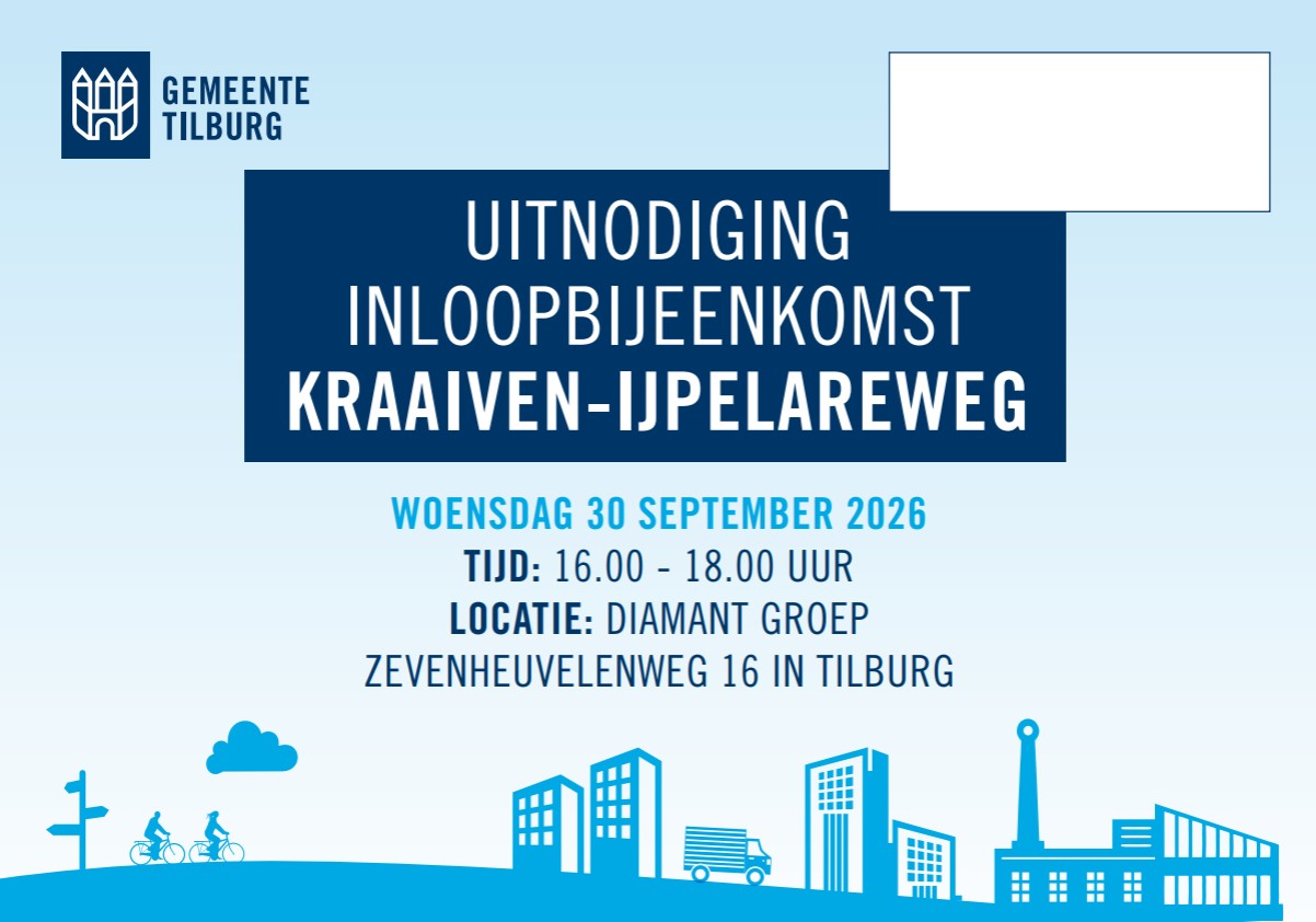 Voorkant flyer uitnodiging inloopbijeenkomst 30 september over werkzaamheden Kraaiven-IJpelareweg met logo gemeente Tilburg